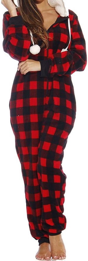 Just Love Buffalo Plaid Adult Onesie Sherpa Lined Hoody One Piece Pajamas