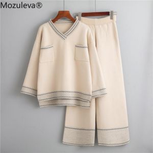 Mozuleva 2021 Winter Loose Knitted 2 Piece Set Women Tracksuit New Autumn Wide Legs Pant Suit Pullovers Sweater Set Knitted Suit