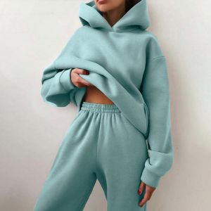 2021 New Women Elegant Solid Suits Warm Hoodie Sweatshirts And Long Pant Fashion 2 Pieces Sets Oversized Sweatshirt Tracksuit