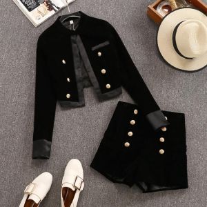 Velvet 2 Piece Set Women Autumn Winter Retro Stand Collar Pants Suits Short Jacket Coat + Shorts Two Piece Set Lady Shorts Suits