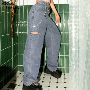 Women Casual Jeans Fashion Hole Pants High Waist Straight Pant Slim Streetwear Femme Bottoms Lady Trousers 2020 New