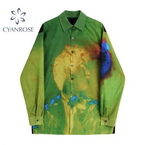 New Autumn Women Blouse Fashion Green Print Shirt Women 2021 Korean Version Casual Single Breasted Long Sleeve Loose Female Top