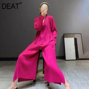 DEAT Pleated Oversized Suit Woman Solid Full Sleeve Button Shirts + Long Wide Leg Pants Casual Style 2021 New Autumn 15HT013