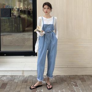 Spring 2021 New Korean Style Tight Waist Slimming Sense of Design All-Match Lace-up Denim Suspender Trousers Women's Pants