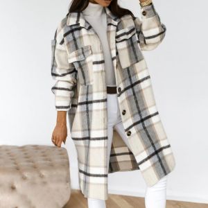 Autumn Winter Women Long-Sleeved Plaid Printed Shirt Jacket Fashion Loose Turn Down Collar Single-Breasted Long Shirt Coat Femme