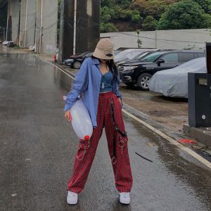 HOUZHOU Punk Chain Cargo Pants Women Harajuku Goth Plaid Checkered Trousers Female Streetwear Aesthetic Hip Hop Egirl Grunge Emo