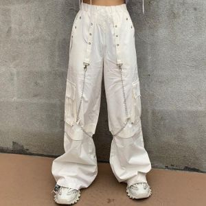 QWEEK Harajuku Gothic White Cargo Pants With Chain Women Mall Goth Hippie Moda Punk Loose Baggy Oversize Korean Style Trousers