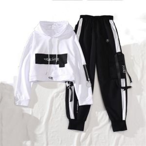2021 Spring Autumn Female Streetwear Cargo Pants Loose High Waist Joggers Women 2 Piece Long Sleeve Top With Casual Trousers