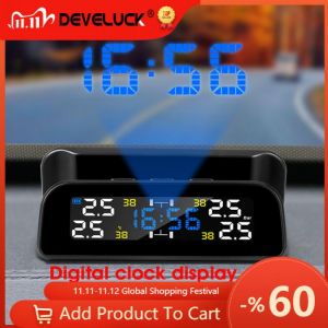 Develuck TPMS Car Tire Pressure Monitor System Automatic Clock Control Solar Power Adjustable LCD screen Display Wireless 4 tire