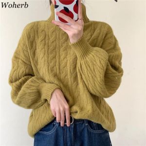 Woherb Chic Casual Sweater Woman Autumn Winter Retro Turtleneck Wild Loose Thick Knit Pullover 2021 All Match Solid Jumper Pull