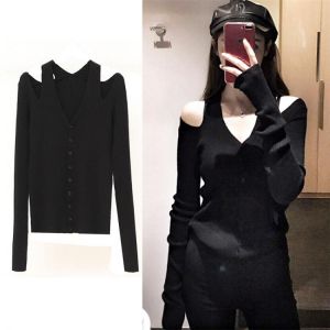 Plus size woman off shoulder little sexy sweater black spring style
