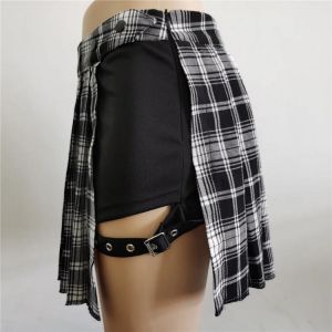 Punk Belt Skirt Japanese Style Woman Spring Pleated Skirt Autumn Gothic Irregular Plaid Skirt  Women Sexy Legs Ring Culottes