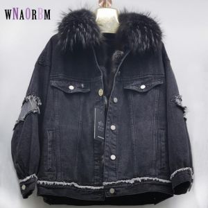 Denim Jacket Women Thicken Warm Winter Coats Cotton Padded Jackets Detachable Rabbit Fur fox Liner A lamb's  Jean Parka Coats