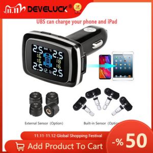 Develuck Car TPMS Cigarette Lighter Wireless Universal TPMS Digital tpms Tire Pressure Alarm System 4 External Internal Sensor