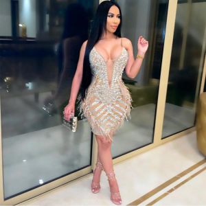 Women's Clothing Summer 2021 Deep V Neck Sequins Mesh See Through Sexi Bandage Bodycon Evening Night Club Party Dresses Vesti