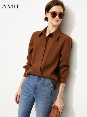 Amii Minimalism Women Shirts Office Lady Button up Shirt Elegant Irregular Placket Blouse For Women Casual Female Tops 12140786