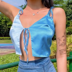 Women Blue Patchwork Satin Tank Tops Sexy V-Neck Sleeveless Short Crop Top 2021 New Fashion Female Club Bandage Top Vest For Y2K