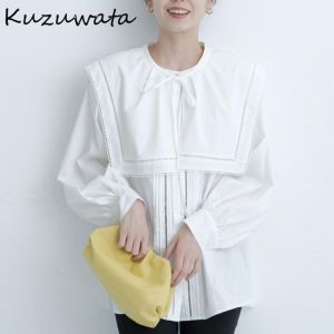 Kuzuwata 2021 Autumn New Fashion Blouses Japan Style Women Blusas Sailor Collar Button Drawstring Long Sleeved Folds Solid Shirt