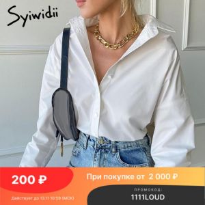 Syiwidii Women's Shirt Oversized Blouses Button Up Long Sleeve Loose Casual Cotton 100% Fashion 2021 Autumn Vintage White Top