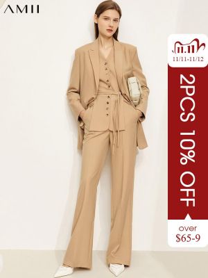 Amii Minimalism Women Blazer Set Fashion Blazer Coat Vneck Buttons Vest Women's Pants Elegant Female Clothing Lady Suit 12170