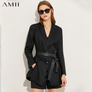 AMII Minimalism Autumn Fashion Women Set Linen Solid Lapel Women Suit Coat High Waist Straight Causal Short Female 12020177
