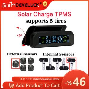 Develuck Car TPMS Upgraded Solar Power Digital System LCD Display Angle Adjustable Smart Car Tire Pressure Alarm with 5 Sensor