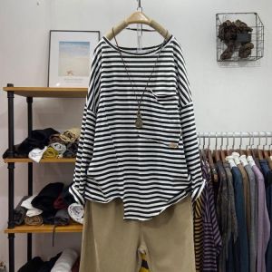 Spring Autumn Fashion Women Long Sleeve Loose Casual Tshirt 100% Cotton Big Pockets O-neck Striped Tee Shirt Femme Tops V218