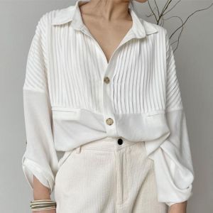 [EWQ] Korea Chic White Blouse Women Autumn 2021 New Laple Loose Single Breasted Long Sleeve Folds Shirt Coat Female Fashion
