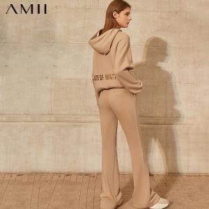 Amii Minimalism Winter Suits For Women Fashion Hooded Letter Embroidery Loose Hoodies High Waist Solid Long Female Pant 12041021