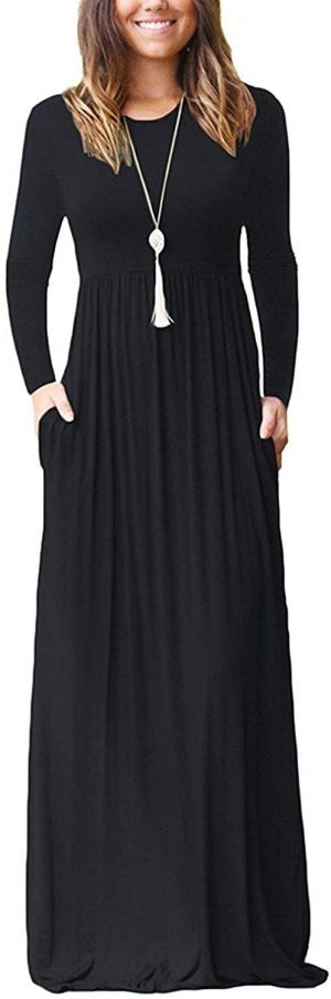 AUSELILY Women Long Sleeve Loose Plain Maxi Dresses Casual Long Dresses with Pockets