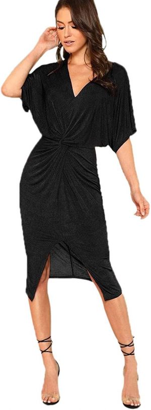 Floerns Women's Short Sleeve V Neck Twist Front Split Midi Dress
