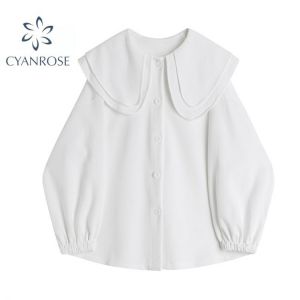 2021 New Fashion Women White Blouse Sweet Peter Pan Collar Autumn Korean Style Shirts Long Sleeve Elegant Vintage Shirt Tops