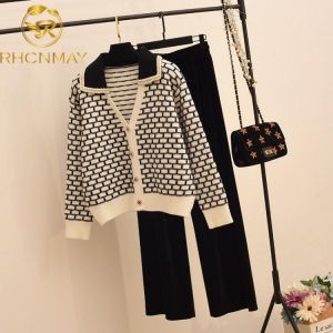 2021 New Sweetwear Two Piece Sets Women Geometric Patterns Knitting Cardigans Sweater + Elastic Wide Leg Long Pants Suits Lady