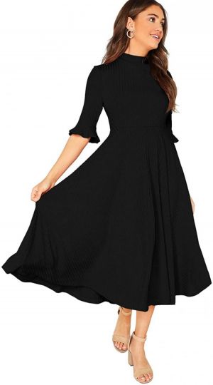 Verdusa Women's Elegant Ribbed Knit Bell Sleeve Fit and Flare Midi Dress
