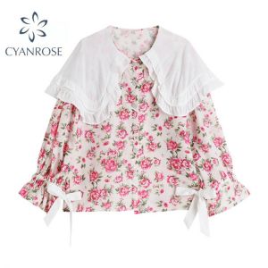 2021 Autumn Female Blouse Korean Sweet Shirt Floral Print Bow Single Breasted Peter Pan Collar Casual Elegant Women Shirt Tops