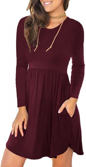 LONGYUAN 2021 Fall Women's Long Sleeve Casual T Shirt Dresses Swing Dress with Pockets
