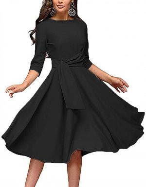 Women's Elegance Audrey Hepburn Style Ruched Dress Round Neck 3/4 Sleeve Sleeveless Swing Midi A-line Dresses