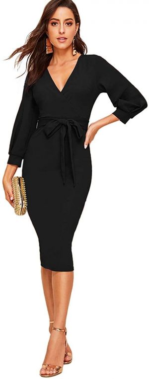 Verdusa Women's Plunging V Neck Bishop Sleeve Bodycon Belted Dress