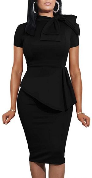 LAGSHIAN Women Fashion Peplum Bodycon Short Sleeve Bow Club Ruffle Pencil Party Dress