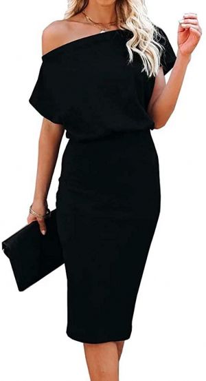 Ezbelle Women's Off The Shoulder Short Sleeve Ribbed Casual Party Bodycon Midi Dress