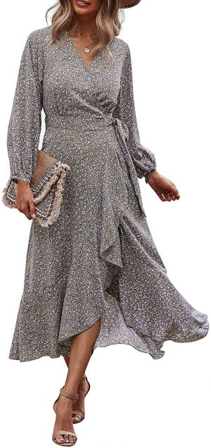 PRETTYGARDEN Women's Long Sleeve Vintage Wrap Dress Floral Print V-Neck Maxi Dresses with Belt