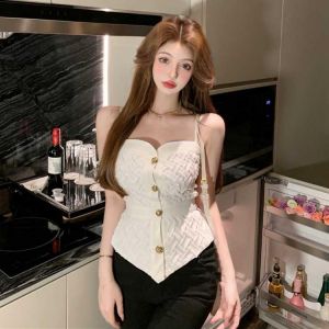 Summer Sexy Exquisite Sling Design Sense Niche Wear Sleeveless Single-Breasted Short French Top Small Vest for Women