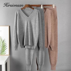 Hirsionsan Cashmere Knitted Sets Women 2021 New Loose V Neck Sweater & Carrot Pant 2 Pieces Female Outfit Tracksuits Harem Pan
