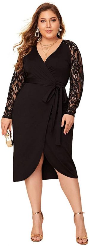 SheIn Women's Plus Elegant Contrast Lace Sleeve Self Belted Wrap Stretchy Bodycon Pencil Dress