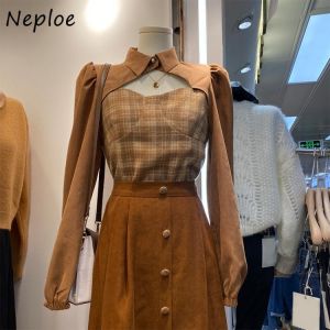 Notched Neck Hollow Out Chic Blouse Woman Tops Fashion Plaid Patchwork Design Sense Shirts Women Long Sleeve Blusas Mujer