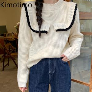 Kimotimo Design Sweater Women Korean Ins Lace Spliced Texture Pullover Autumn Winter Temperament Long Sleeve Little Fragrant Top