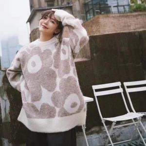 Women Sweater 2021 Winter Beige Floral Split Knit Round Neck Sweater Knit