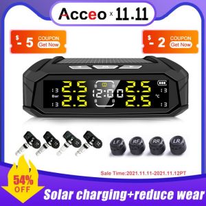 Acceo K19 TPMS Wireless Car Tire Pressure Monitoring System Solar Power Clock LCD Display 4 External Sensor Auto Security Alarm
