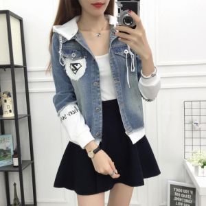 plus size Denim coat women autumn Korean casual pockets loose  letter slim coats pring short Denim jacket women long sleeve coat