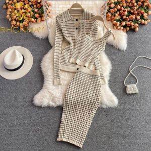 Women 3 Piece Set 2021 Autumn New Korean Style Temperament Fashion Suit Plaid Knitted Cardigan Bottoming Camisole Skirt